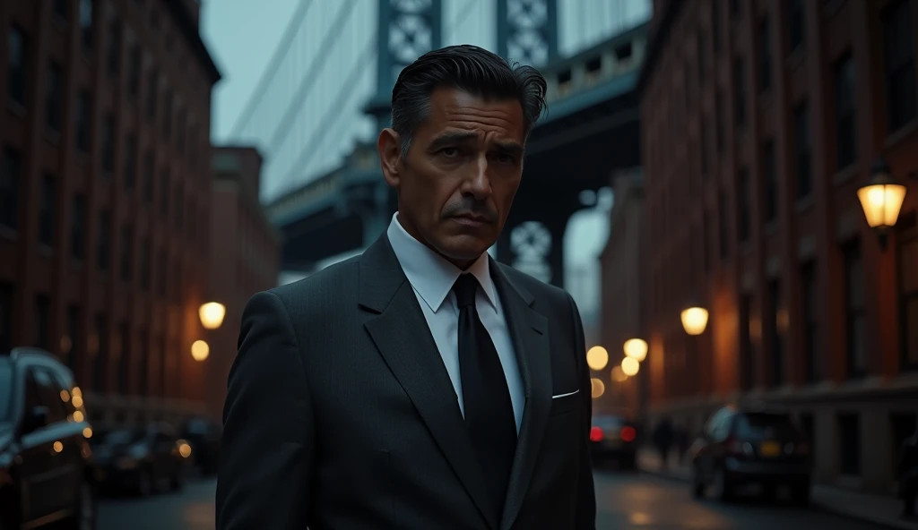 wearing the iconic lawyer costume. Fernando Colunga, wearing an elegant dark gray suit and white dress shirt. Clothing should have clean, professional lines and a subtle shine. the night arriving in a hidden and dark alley in New York with bridges around i...