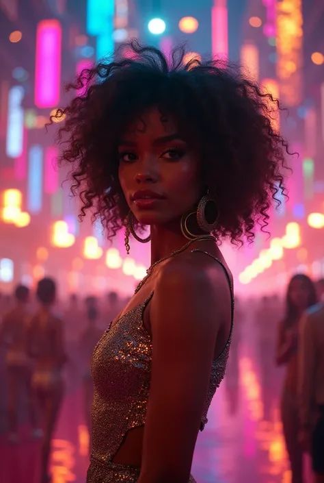 (zendaya:1.4), Retro  girl in mini ,DISCO SPACE ENJOY LYRICS , dark-ish color of the skin