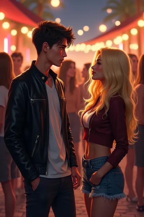  A young man in a black jacket , leather, and white shirt,  is walking towards a blonde girl, In the background you see a party .