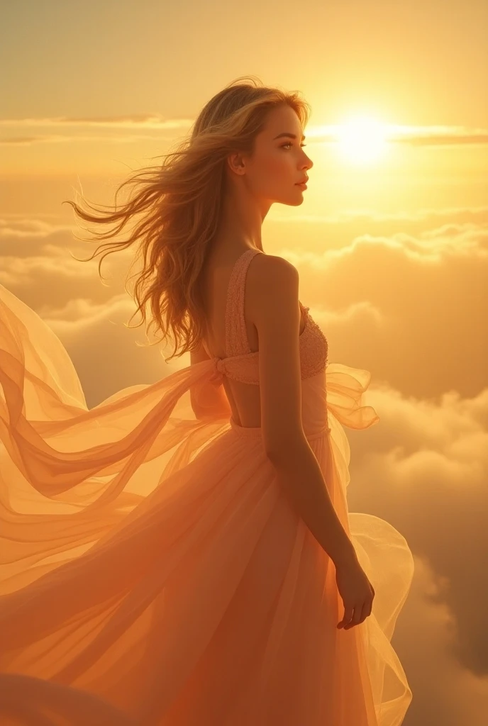 Breathtaking middle ground portrait of a beautiful young woman from Liechtenstein, dressed in a light sexy dress with an airy fantasy neckline that flutters in the wind, smoothly transforming into a transparent haze. Dynamic pose. There are light colored c...