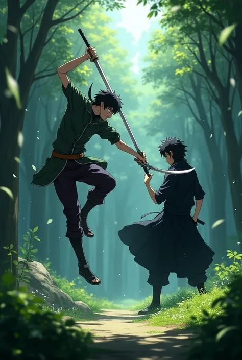 
Create a high-quality anime-style scene in a lush, mystical forest with sunlight streaming through the trees, casting dramatic shadows. In the scene, Levi Ackerman from Attack on Titan and Itachi Uchiha from Naruto are engaged in an intense battle. Levi, ...