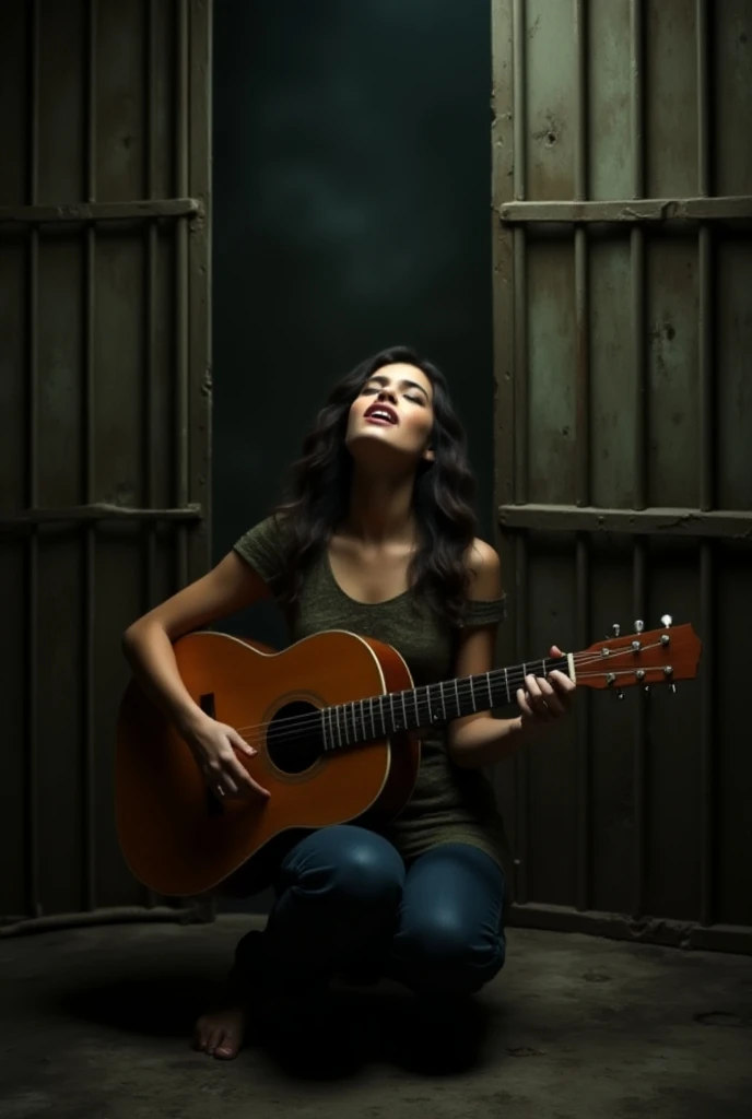 A woman singing on her knees with a guitar opening the prison bars