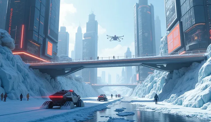 A futuristic cyberpunk city built at the edge of a massive glacier, where towering skyscrapers with glowing neon accents meet the stark ice landscape. The city’s streets are lined with digital billboards, and futuristic snowplows clear paths through the ic...