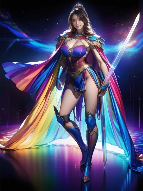  (8k), ( Redeem: 1.2), (Realistic), (Realistic: 1.37),  super high definition , 1 person, cute, smile,  beautiful details, narrow, (Large Breasts), RAINBOW CAPE , Rainbow Sword,  MARINE BLUE HEAVY ARMOR  ,  transparent  ,  SEXY MUSCULAR WOMAN BODY, whole b...