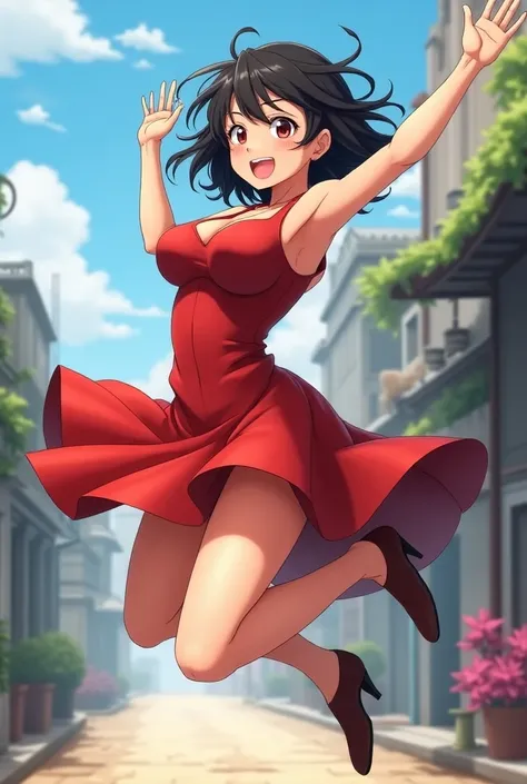 A anime girl jumping and her boobs pull out in her dress