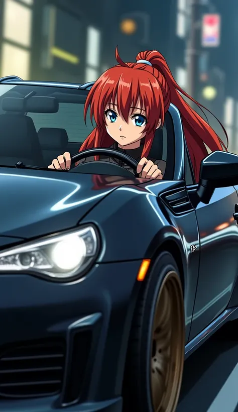  1 car and 1 girl 、 the girl is Shikinami Asuka Langley、The car is a Subaru BrzZC6 black 