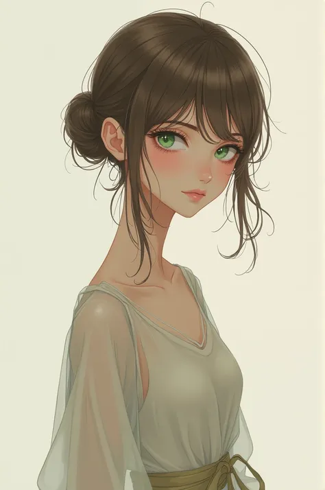 Skinny anime character, with brown hair and green eyes 