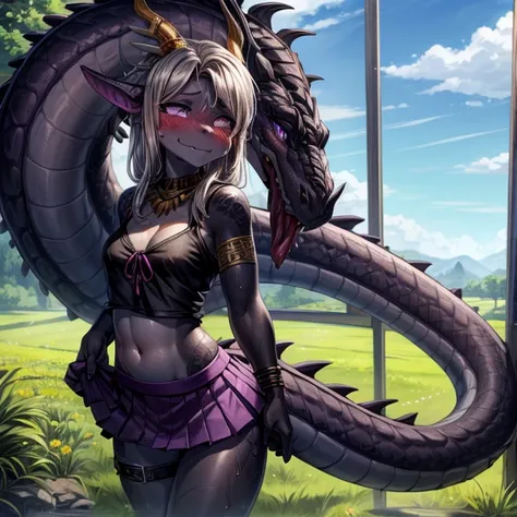 dragon girl teen ,    black body with scaly purple add high definition_detail:1,  black and purple scales   ,  tribal tattoo add...