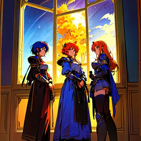 Three Women . Nightsky.starry.window (8k)  Inside royal room. autumn.smile. warrior.armor.fantasy. line-up group. 