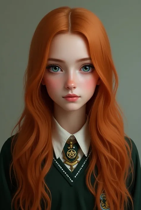  Make a hyper-realistic image of Leila Williams , personagem da sagaHarry Potter,  beautiful 15-year-old teenage girl .  Long straight fire-colored hair with two highlighted white locks on the front and blue-green eyes. Wicca witch, pentagram necklace. Hog...