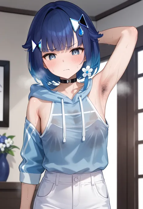 score_9, score_8_up, score_7_up, source_anime,rating_explicit,break, 1girl, tsumugi kokage,VTuber,blue hoodie ,white pants,long_sleeves,short hair, hair ornament, bangs,blue eyes,blue hair,flower,multicolored hair,high quality, detailed shiny skin, detaile...