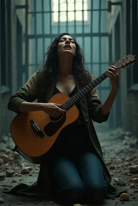 A woman singing on her knees with a guitar and the prison bars are destroyed 