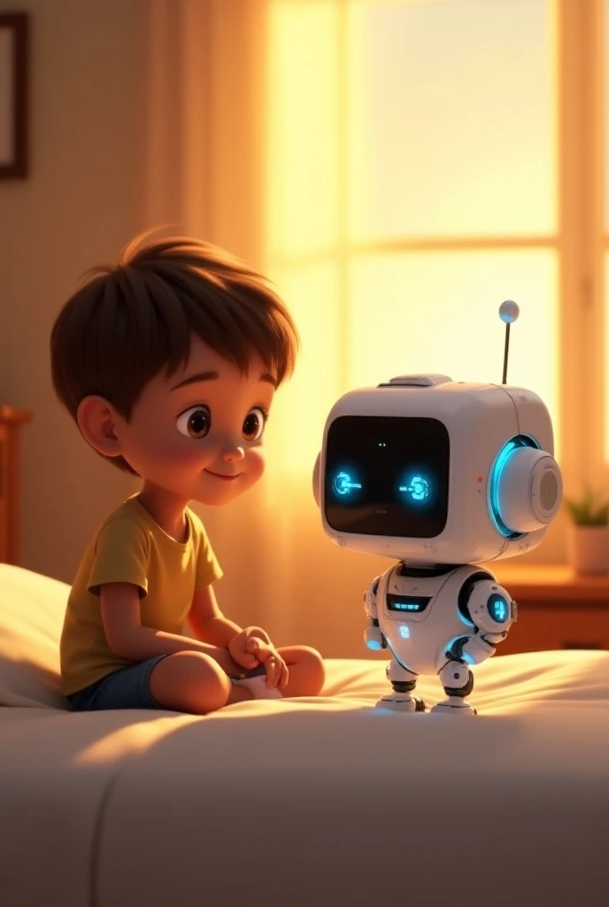 Leo (Leo is a boy of about 7-, with short and brown hair, in Disney Pixar style) and Pixi (Pixi is a small floating robot, with the size of a soccer ball. Pixi is shaped like a cube with rounded edges and a smooth, metallic exterior in shades of silver and...