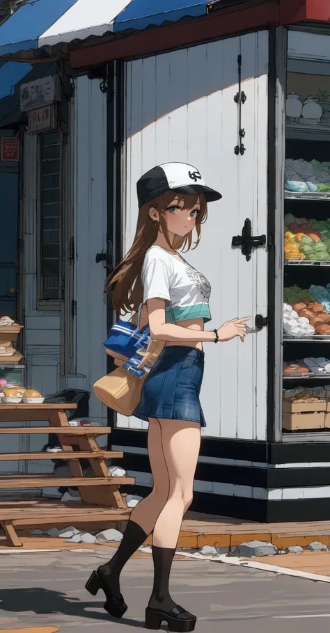 beautiful woman, walking at Pattaya street, shops along the road, she is in brown long hair, wears blue and white striped crop top, light-blue denim pencil mini skirt, black socks, black platform shoes, black bucket hat, BREAK, ((masterpiece:1.2), (best qu...