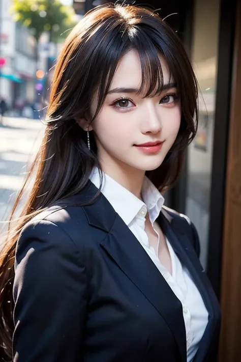 Top quality, 8K, masterpiece, single girl, slim abs beauty, casual hairstyle, big breasts, black suit, business suit, gentlemans clothing, black tie, holding purple bouquet, highly detailed face, delicate eyes, double eyelids, shy, dynamic pose, thighs, sm...