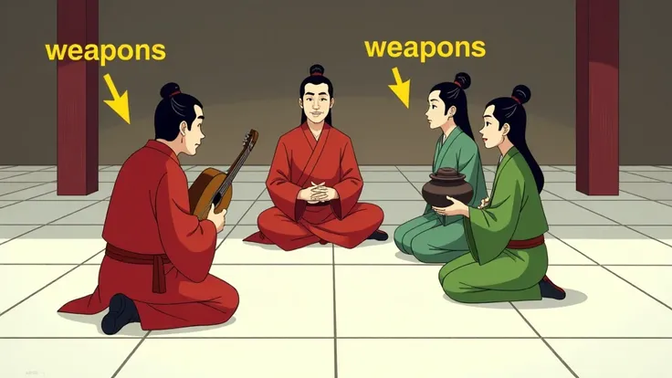 Captured from an animated cartoon, a group of Asian men are seated on a white tiled floor. The men are dressed in traditional Chinese robes, with black hats on their heads. The man on the left is dressed in a red robe, with a black belt around his waist. H...