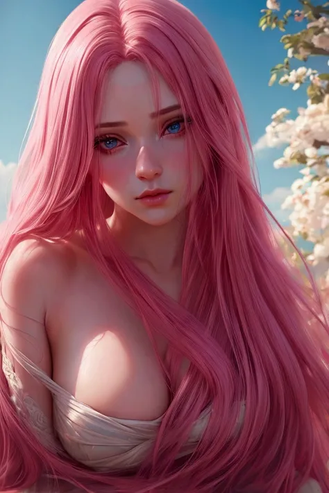 A beautiful woman with long flowing pink hair, bare shoulders, detailed eyes and lips, cinematic lighting, high quality, masterpiece, ultra high resolution, (realism:1.4), photographic