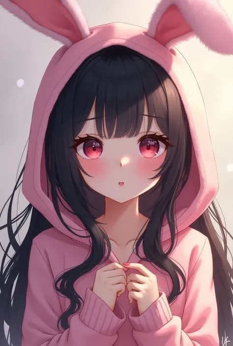 anime, beautiful asian girl, black hair, voluminous black eyelashes, detailed, pink hair, shy, pink fluffy bunny ears, very detailed, pink sweater hoodie