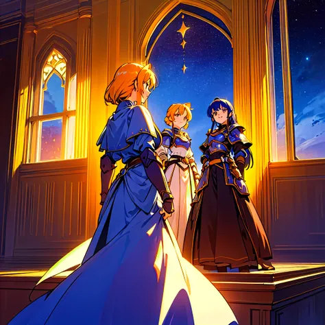 Three Women . Nightsky.starry.window (8k)  Inside royal room. autumn.smile. warrior.armor.fantasy. line-up group. 