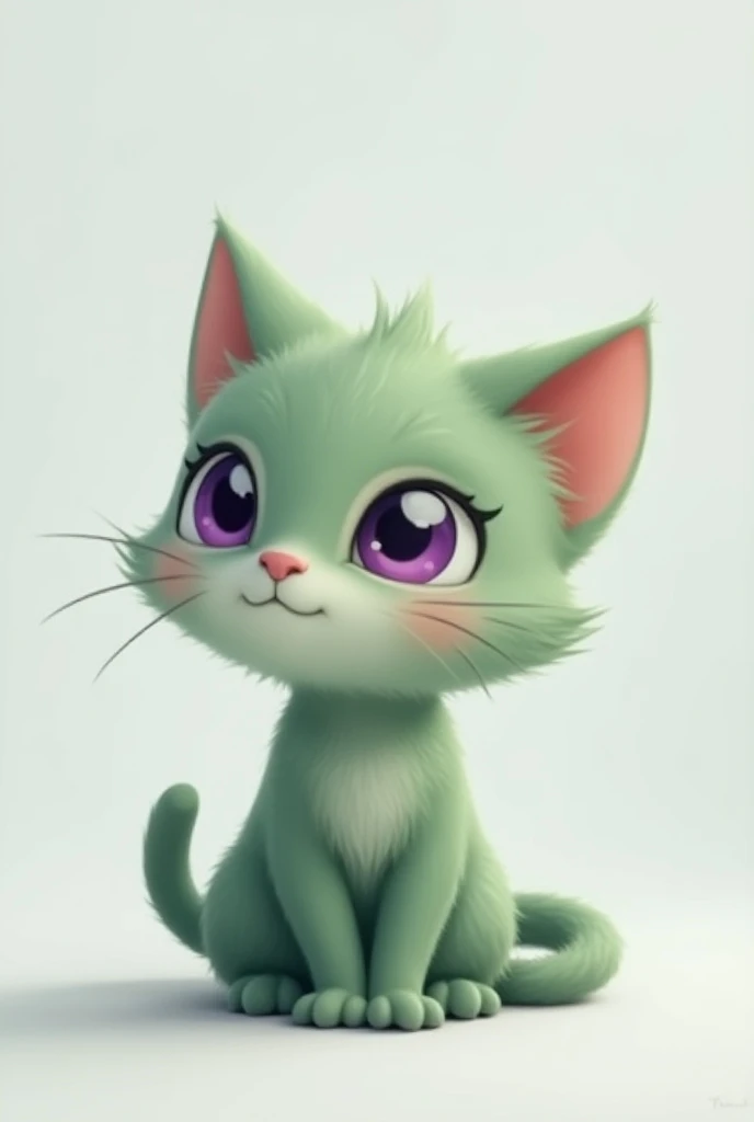 The image is a digital illustration of a small cat with green fur and purple eyes. The cat is sitting on a gray background and is facing towards the right side of the image. It has a round face with big, round eyes that are a bright purple color and appear...