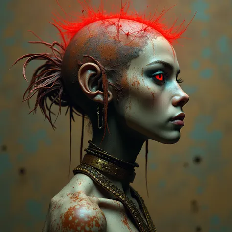 tribal goddess . In the style of Zdzislaw Beksinski, of fear, inspired by Ray Caesar, trend on Cg Society, with a red halo on his head, Amano and Karol Bak , hallucinatory surrealist finely detailed" matiéres, rusty, used paint , by Jacob Lawrence and Fran...