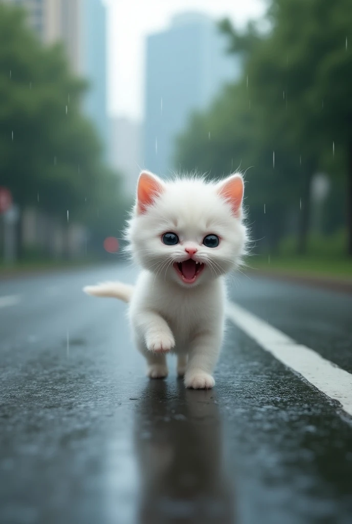 Ek white cute kitten jo road kinare chal rahi shouting shouting karte huye seen road kinare ka h barish ho rahi h