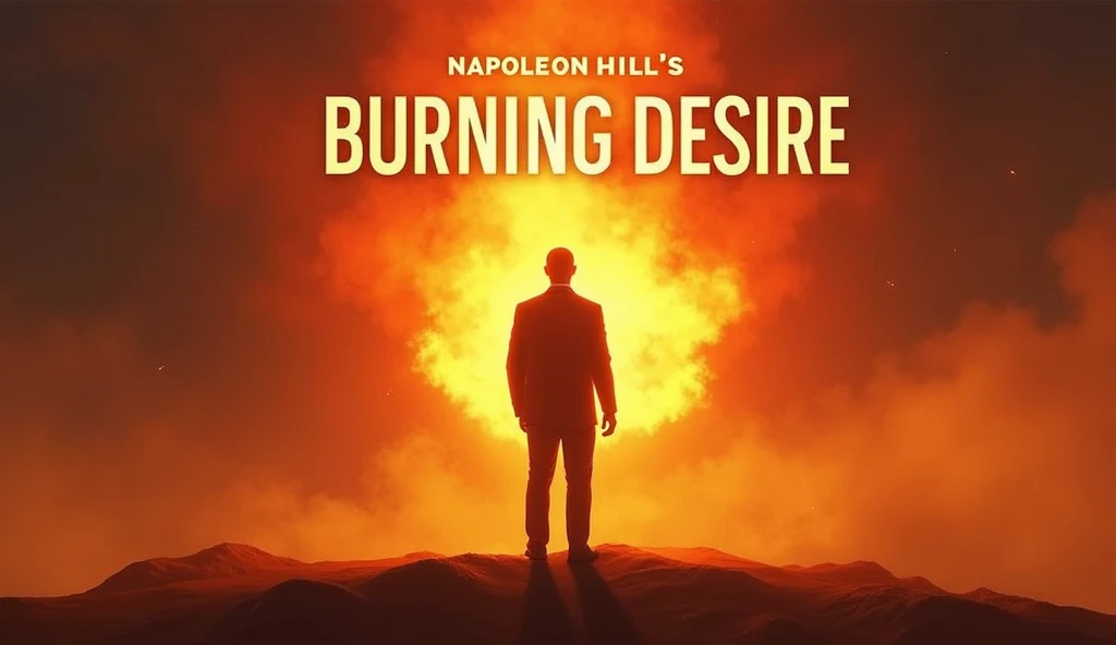  Create a YouTube cover with the title  " Napoleon Hills Burning Desire ".  The design must be intense and inspiring ,  reflecting ambition and determination .  Use a stylized human figure or a shadow of a person looking at the horizon,  facing a road or m...