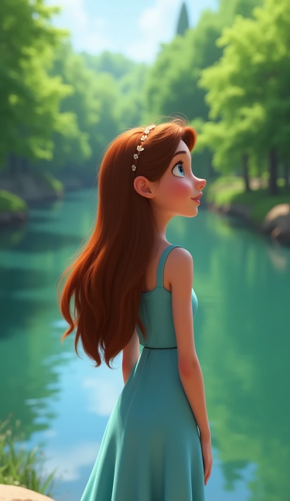 "A young woman named Lea with long brown hair, wearing a simple light blue dress, standing by a calm river and looking hopefully at the horizon. The scene is surrounded by lush green trees, in a Disney Pixar style."
