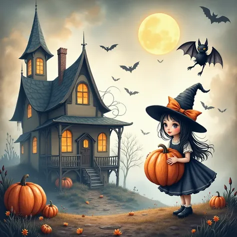 
             Surreal Fantasy Bat Wearing Witch Hat Very Cute Girl Holding Pumpkin Old House Silhouette

 MASTER-CLASS WORK， Exquisite Hand Painted Watercolor Rendering Art Fairy Scenery Game Art ， Pencil Stroke Delicate Panoramic Landscape Fantastic Beaut...