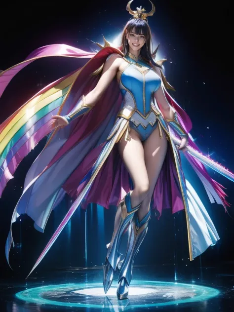  (8k), ( Redeem: 1.2), (Realistic), (Realistic: 1.37),  super high definition , 1 person, cute, smile,  beautiful details, narrow, (Large Breasts), RAINBOW CAPE , Rainbow Sword,  MARINE BLUE HEAVY ARMOR  ,  transparent  ,  SEXY MUSCULAR WOMAN BODY, whole b...