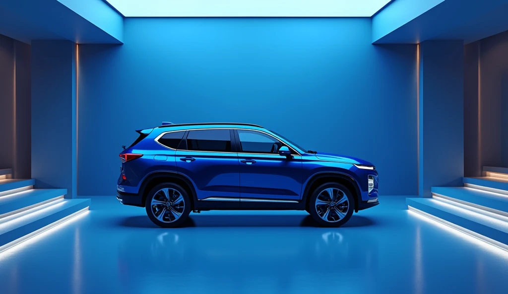 Generate a high level image of back luxury car 2025 Hyundai Santa Fe in the showroom both the car and showroom are original in colour in blue colour which gives hd look 