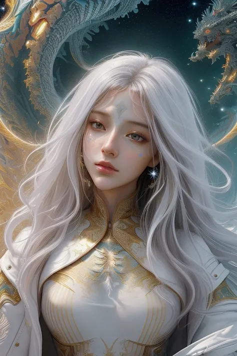 ( masterpiece , top quality,  The best quality , official art,  beautiful and aesthetic :1.2), (1 girl), extremely detailed eyes, (fractal art:1.3), showy, more detailed, ( perfect face), shiny skin, HDR-10, (White coat Golden lines:1.2), galaxy, (streaks ...