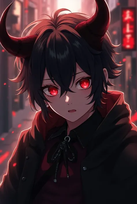 Anime character teenage
With devil eyes and horns