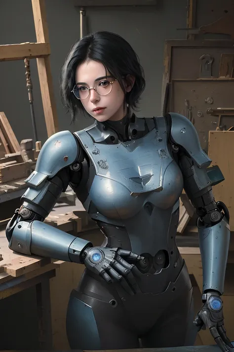 absurd resolution,  high resolution, ( masterpiece : 1.4), hyperrealistic, Young welder with short messy black hair and glasses dressed elegantly, Workbench with highly technological robotic arm