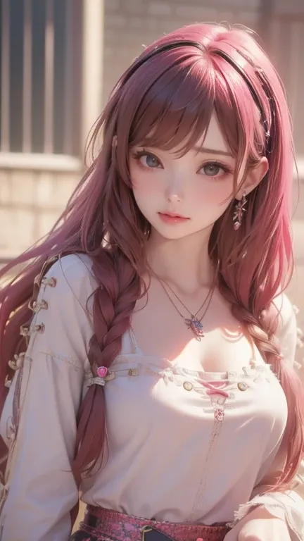 ((masterpiece,  best quality , (( Visual Realism :1.2),   Beautiful Woman  ,  Long Hair on Both Sides ,   Cute Punk Style Costume, necklace " Sinda  "  Readable as ,   K-pop Idol Style ,  Amazing High Resolution ,  Photo Texture , 