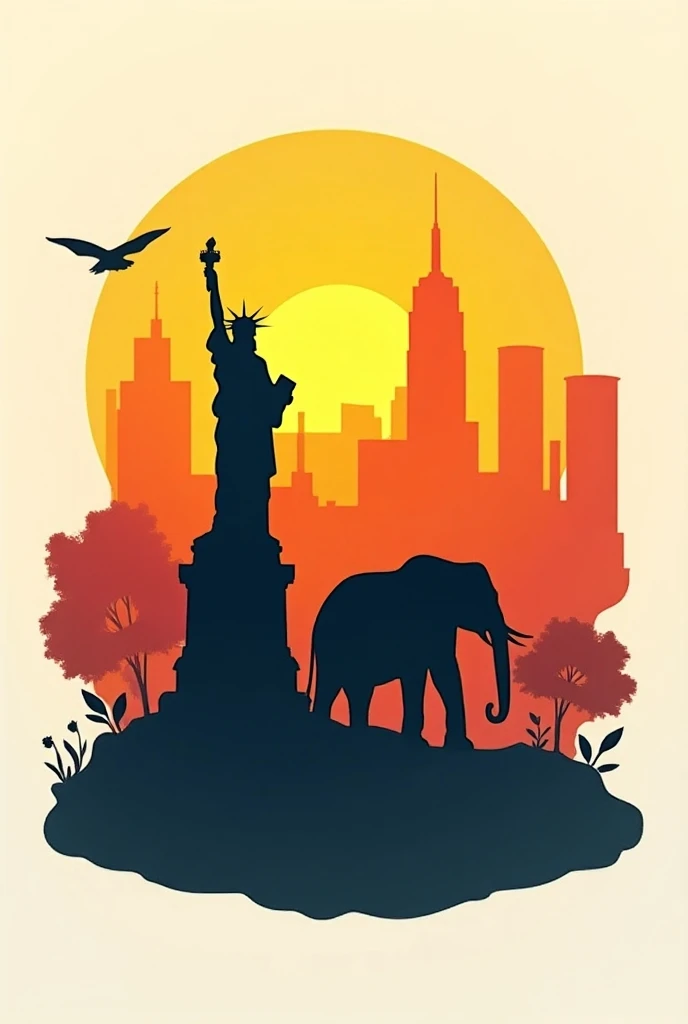 vantage sunset logo. an elephant is walking near liberty statue . colour mix logo for T shirt design. new york. lots of buildings in shade