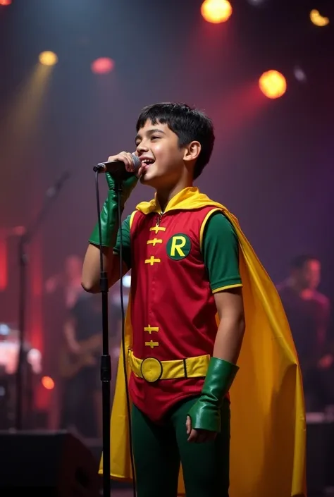 A rock band vocalist and young Brazilian man with normal hair, black, square chin, wearing a Robin costume singing on a stage of a TV show: Young normal hair, social, no beard and no mustache, a smooth, youthful face, the happiest and happiest face (a phot...