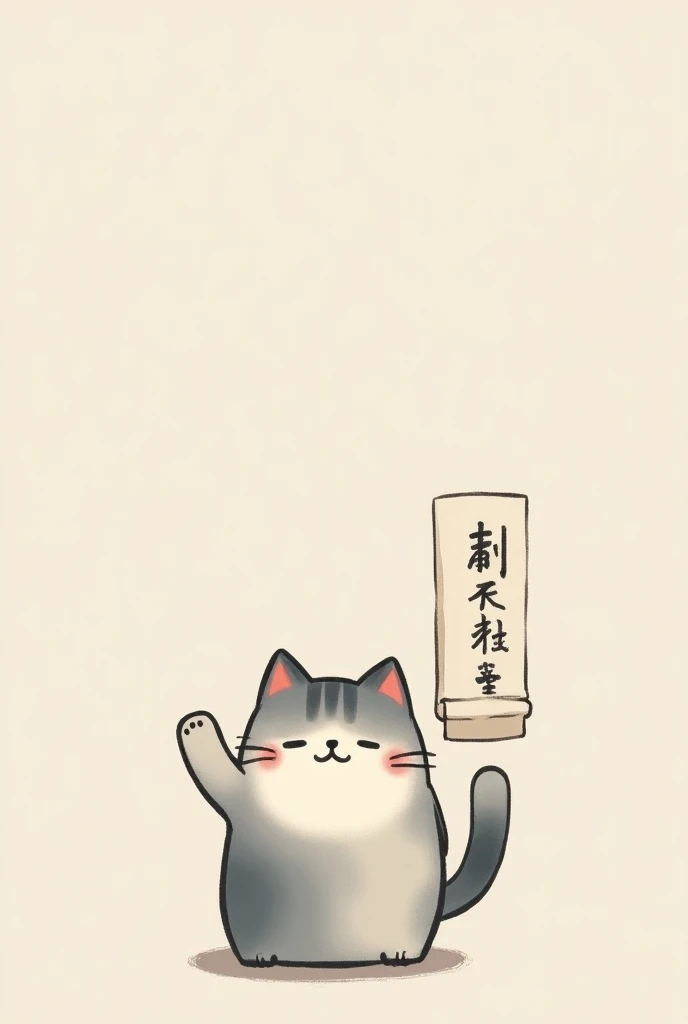 muted tones,  is possible using black, gray, beige,  tones of red or blue .  The image of neko  ( of a Japanese mascot cat )  with raised paw ,  seems to be waving goodbye . Inscription "sugu modorimasu "  is located next to the cat in the form of a scroll...