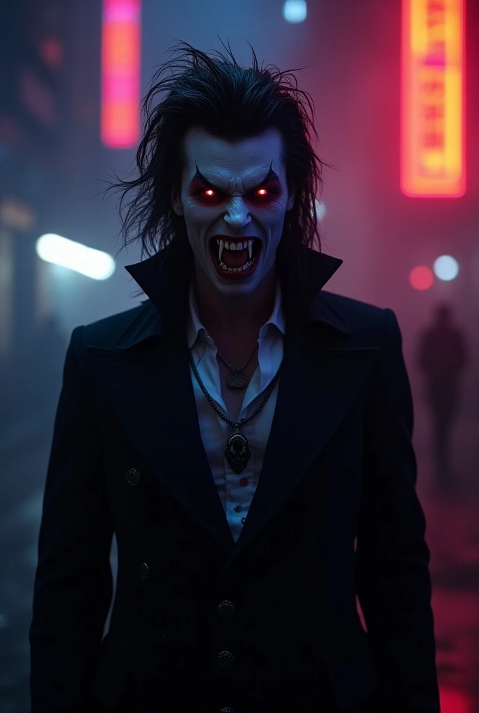 dracula rockstar estilo  david bowie glam rock ultra realistic, evil facial expression with creepy vampire teeth, Whole body, ultra detalhado,  smoky scenery background neon lighting, ultra realistic, 4K, super detailed,  weather and neon lighting 