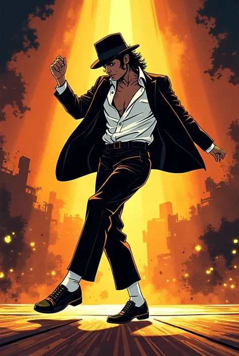 Create an image of Michael Jackson dancing
In comic book style 
Taking the little step backwards 