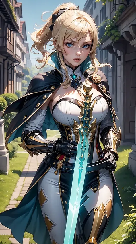 Beautiful blonde woman is shown to have a sexy figure, wearing a suit of epic knight armor , armor is whitish gold, has an epic flowing cape, fantasy battleground background, holding a detailed epic sword in the middle of body, sword looks planted in the g...