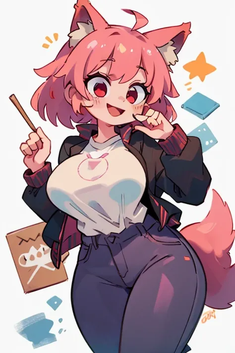 pink hair,  wolf ears , red eyes, Busty big thighs wearing canvas pants wearing a tight white shirt and a black jacket smiling 