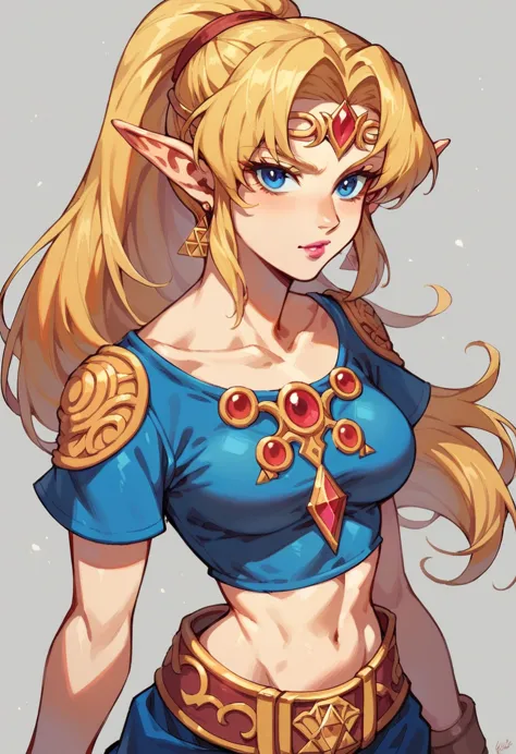 Ocarina of Time Zelda, blonde hair, ponytail, pink lipstick, long hair, blue eyes, pointy ears, naboorus crop top, gold  earrings, gold pauldrons, gold belt, gold and ruby circlet