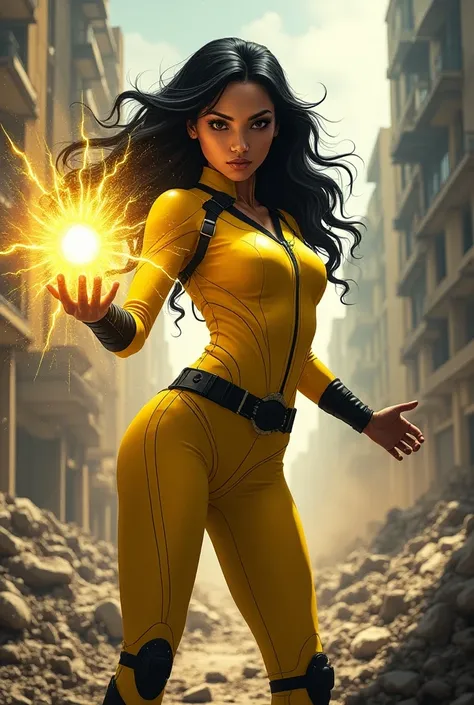 Dark-haired girl ,  making an energy ball in her hand,  eyes of electricity , yellow outfit with black ,  with the name Shayra written , landscape of a destroyed city 