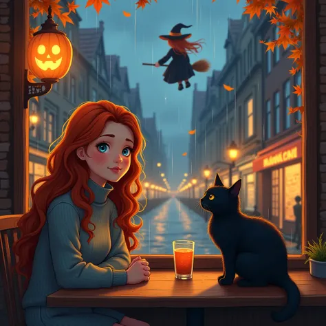 From the street, we see a beautiful girl (in a turtleneck pullover) In this magically sweet portrait, a cute young girl with soft, long wavy reddish hair, deep blue eyes, smiles gently and mysteriously, sitting at a table in a restaurant, her gaze directed...