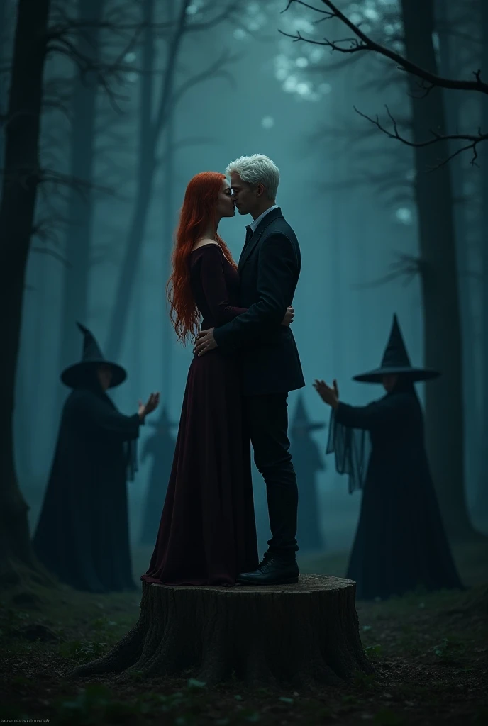  the female protagonist has BROWN EYES AND LONG RED HAIR, SIMPLE FRECKLES .  The male protagonist has white hair and blackened black eyes .  They are on a stump in the woods kissing on their feet, at night, surrounded by witches performing a ritual 