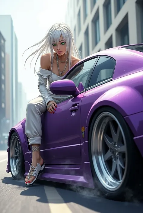 Drawing of a white Ninja with green eyes wearing silver necklaces and wearing grilz inside a lowered purple car drifting