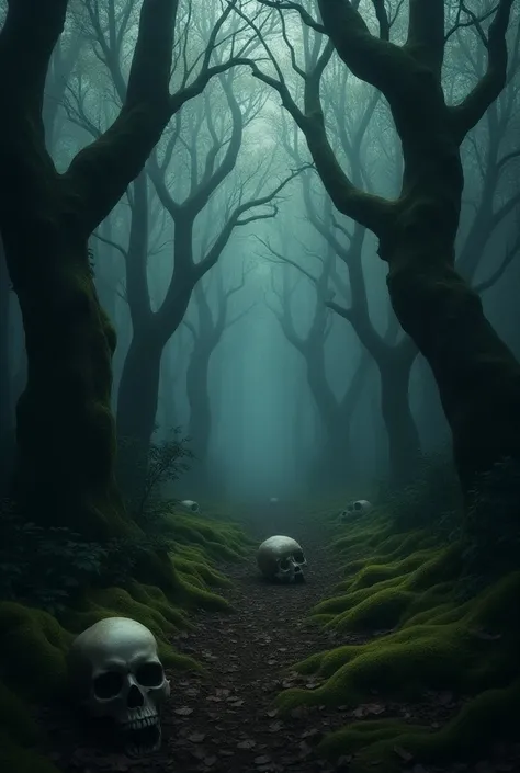 Mysterious forest with skulls near the trees 