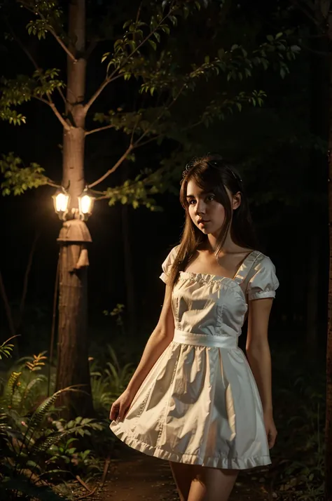 A girl, by the ruby, In a forest at night,  girl in a mini maid dress, realistic,4k