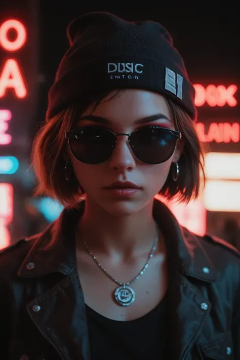 Face close up, alternative girl, watching over black sunglasses, jacket, necklace, neon light reflections on skin, ear ring, makeup, skin imperfection, short hair, beanie, neon lights background, low light, depth of field, highly detailed, high contrast, f...